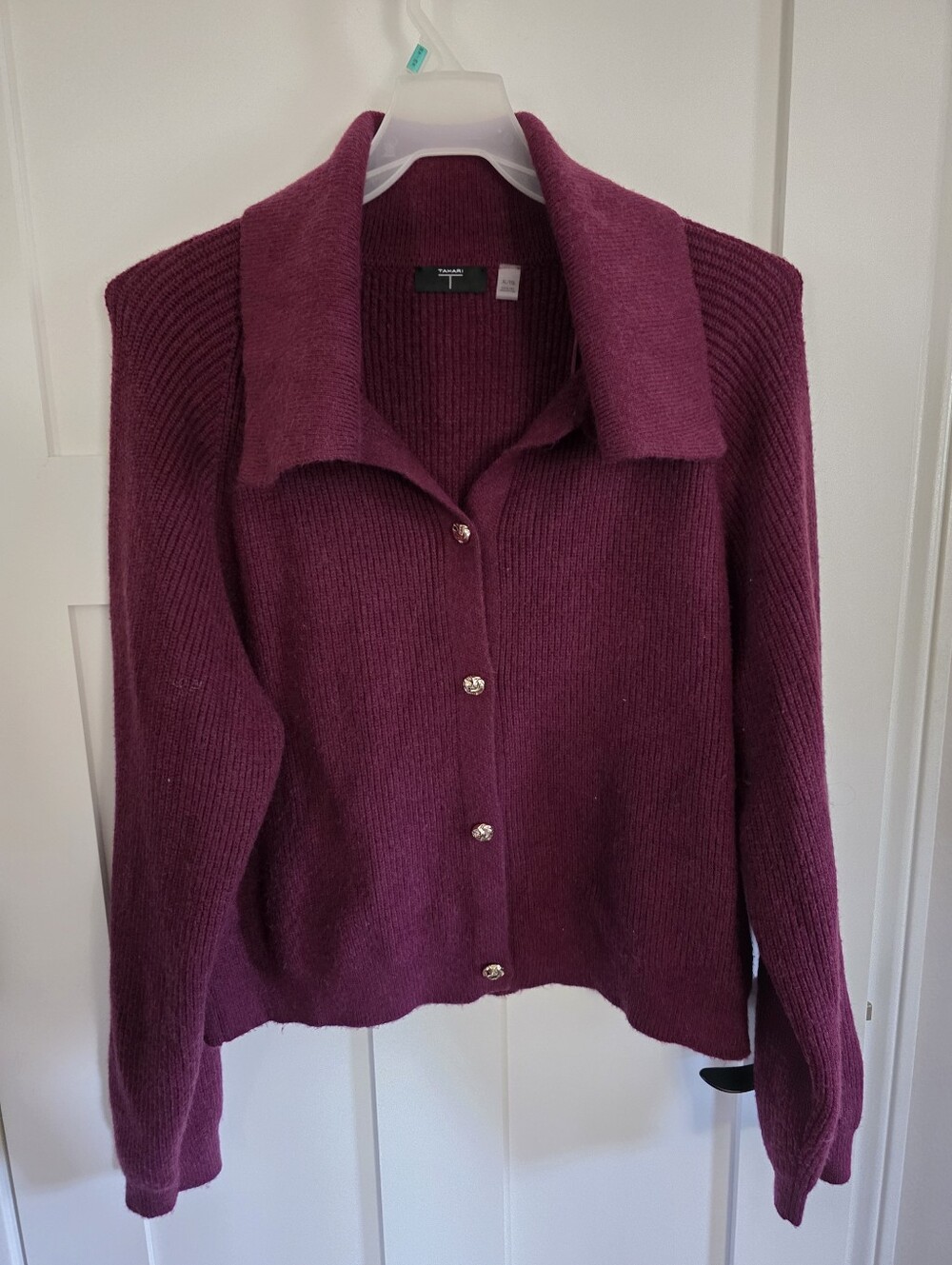 Tahari Deep Wine Button-Front Collared Cardigan